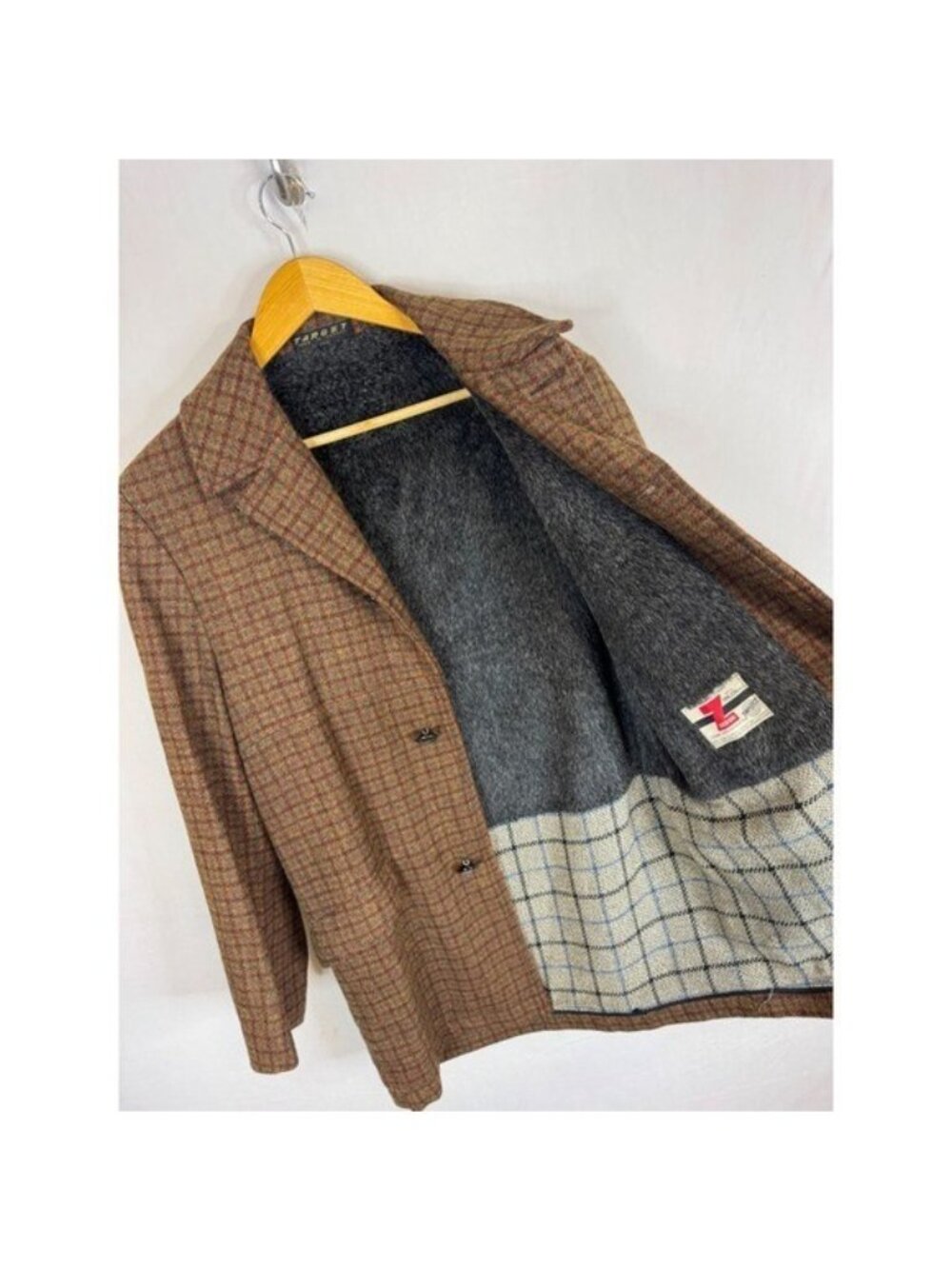 Vintage 70s Target Canada Brown Plaid Wool Orlon Pile Lined Car Coat Mens 38 - Picture 7 of 14